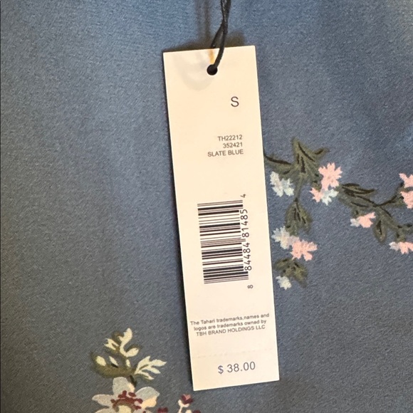 T TAHARI Camisole Blouse Size S Slate Blue Floral Print Spaghetti Strap Top - Picture 7 of 8